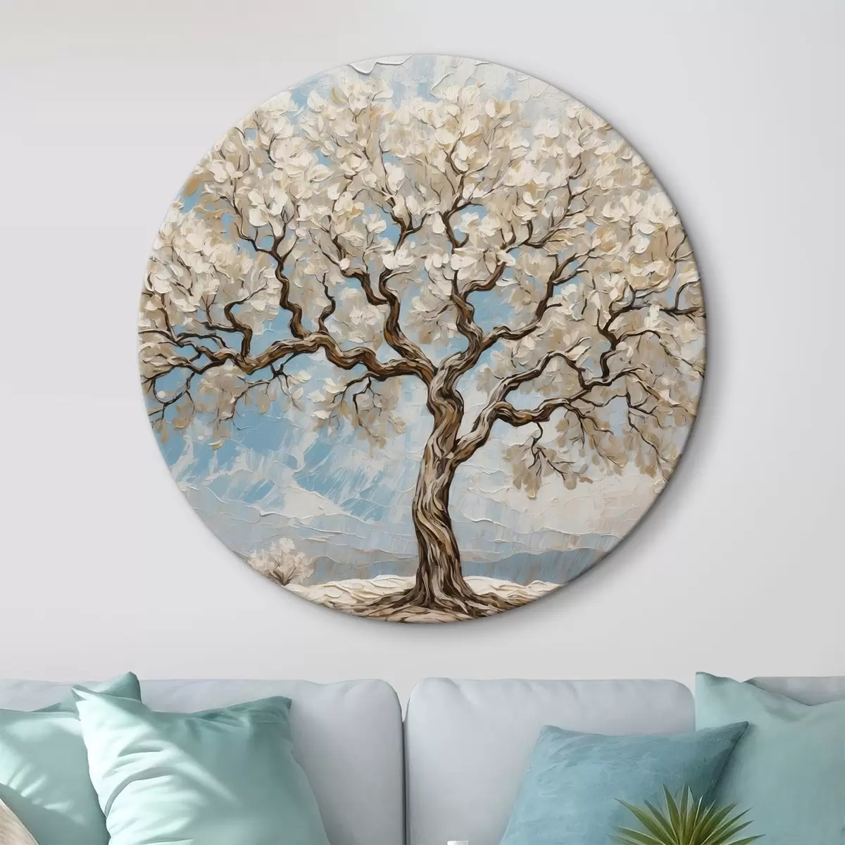Quadri rotondi Albero bianco su sfondo bianco-blu r42275