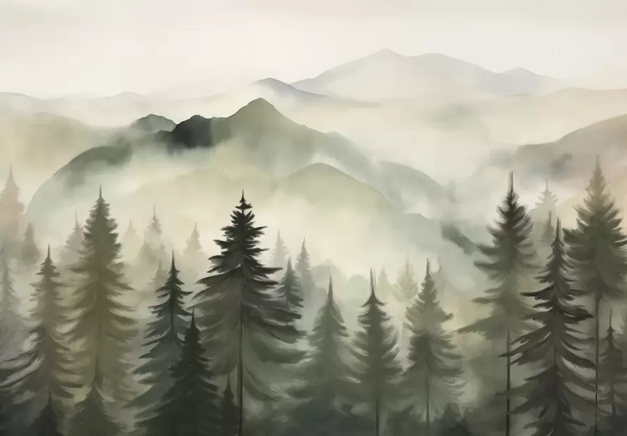 Carta da parati nature Paesaggio di montagna con una foresta di pini e montagne stratificate durante l'alba con la nebbia leggera acquerello imitazione arte  