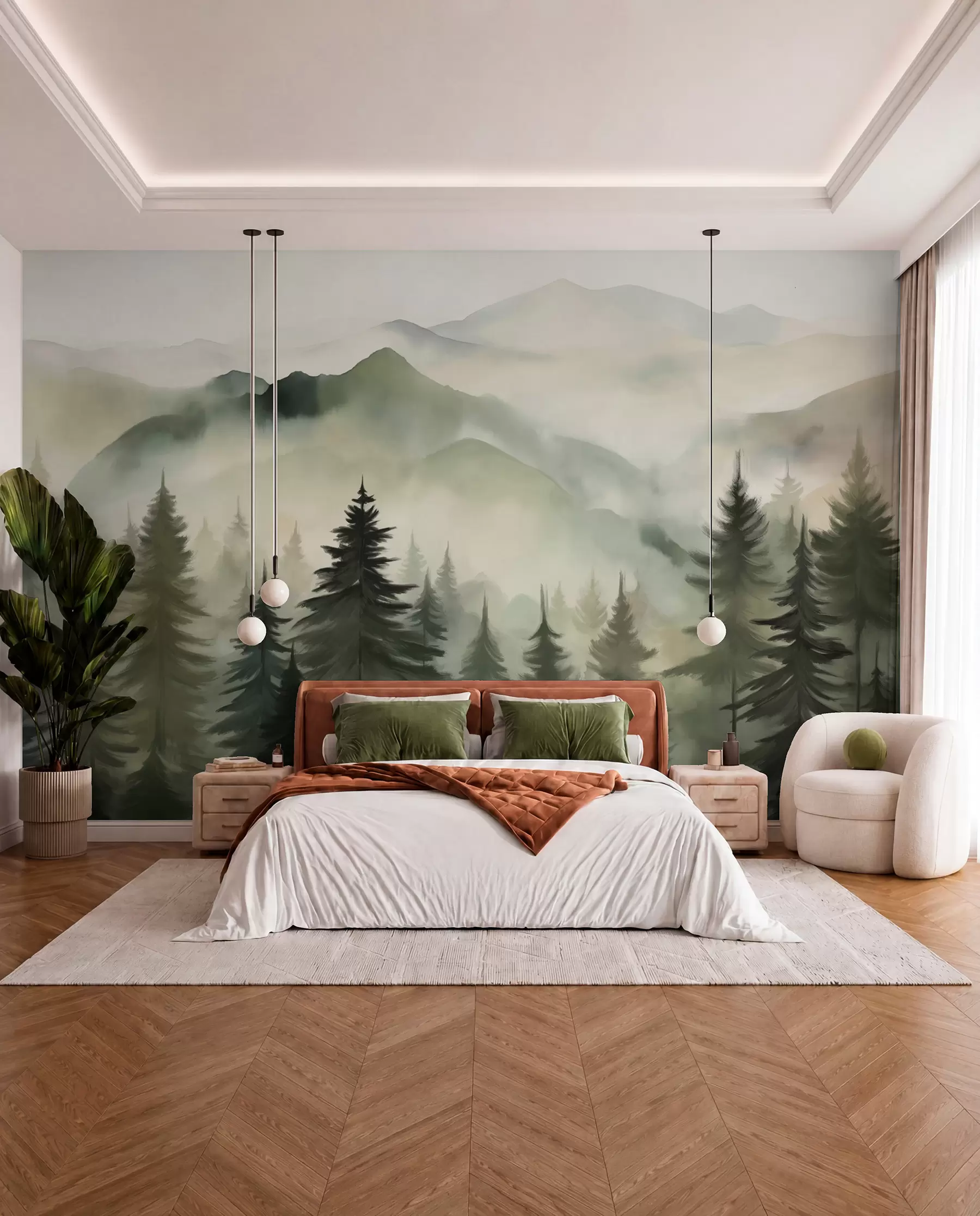 Carta da parati nature Paesaggio di montagna con una foresta di pini e montagne stratificate durante l'alba con la nebbia leggera acquerello imitazione arte  