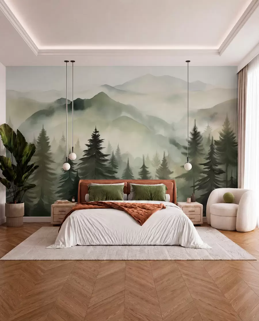 Carta da parati nature Paesaggio di montagna con una foresta di pini e montagne stratificate durante l'alba con la nebbia leggera acquerello imitazione arte  