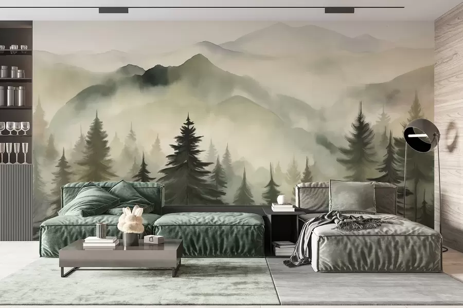 Carta da parati nature Paesaggio di montagna con una foresta di pini e montagne stratificate durante l'alba con la nebbia leggera acquerello imitazione arte  