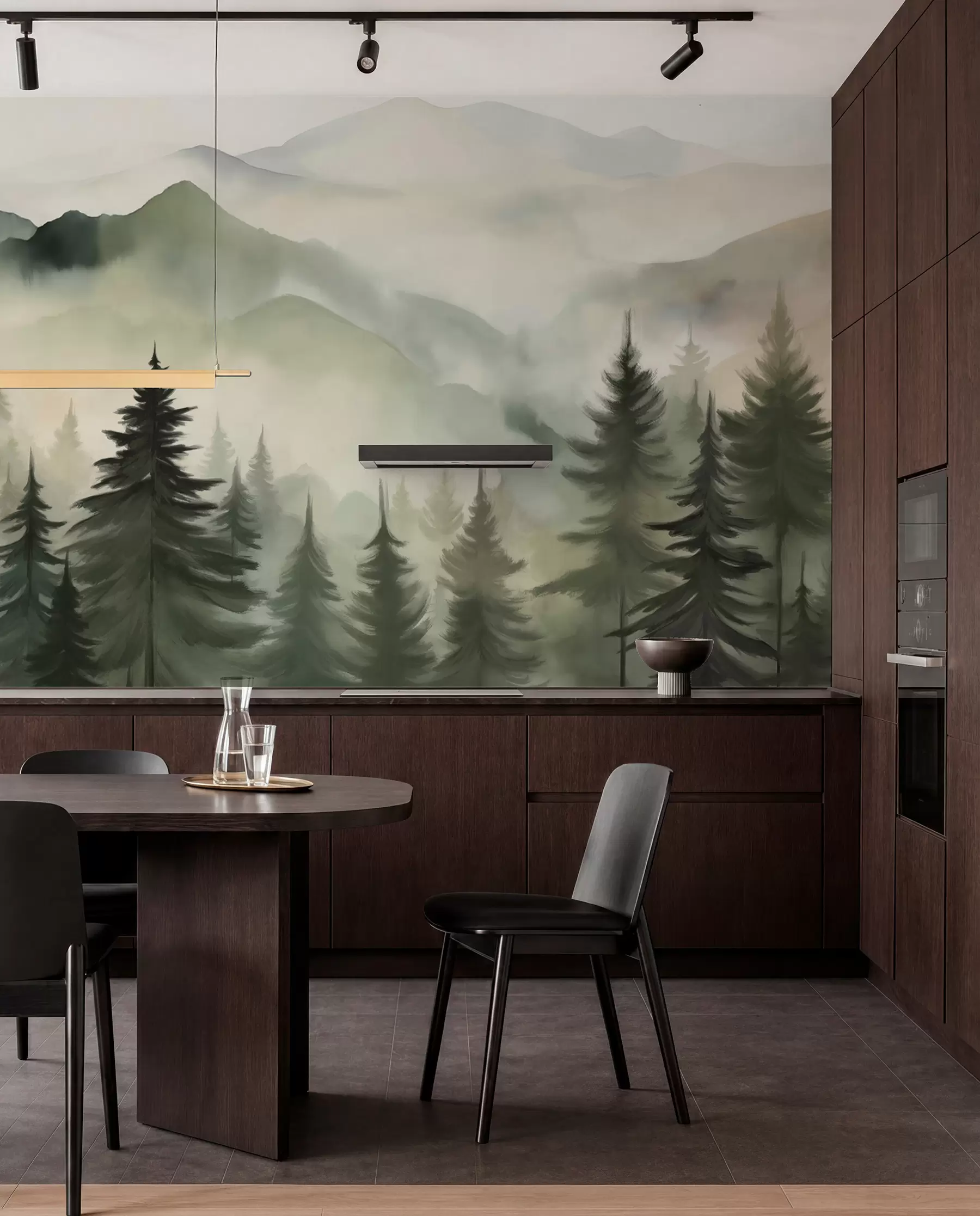Carta da parati nature Paesaggio di montagna con una foresta di pini e montagne stratificate durante l'alba con la nebbia leggera acquerello imitazione arte  