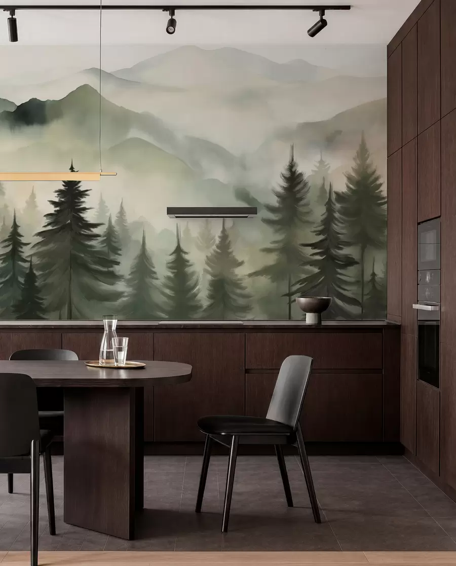 Carta da parati nature Paesaggio di montagna con una foresta di pini e montagne stratificate durante l'alba con la nebbia leggera acquerello imitazione arte  