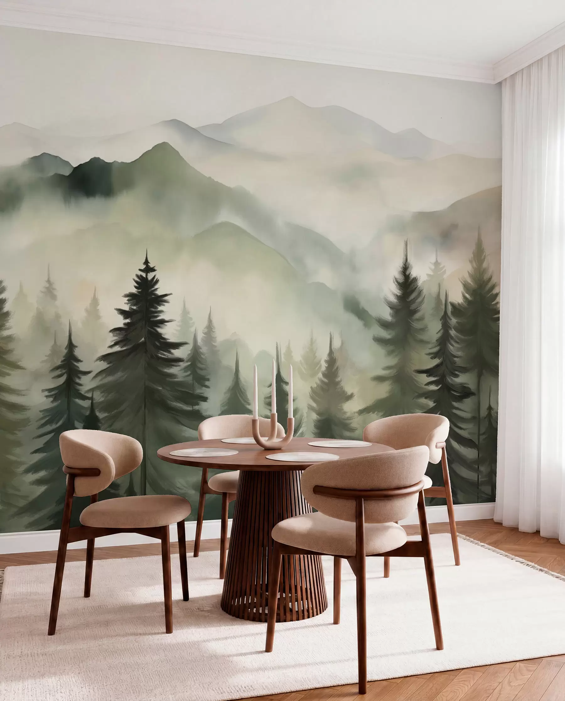 Carta da parati nature Paesaggio di montagna con una foresta di pini e montagne stratificate durante l'alba con la nebbia leggera acquerello imitazione arte  