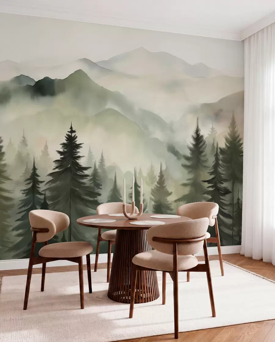 Carta da parati nature Paesaggio di montagna con una foresta di pini e montagne stratificate durante l'alba con la nebbia leggera acquerello imitazione arte  