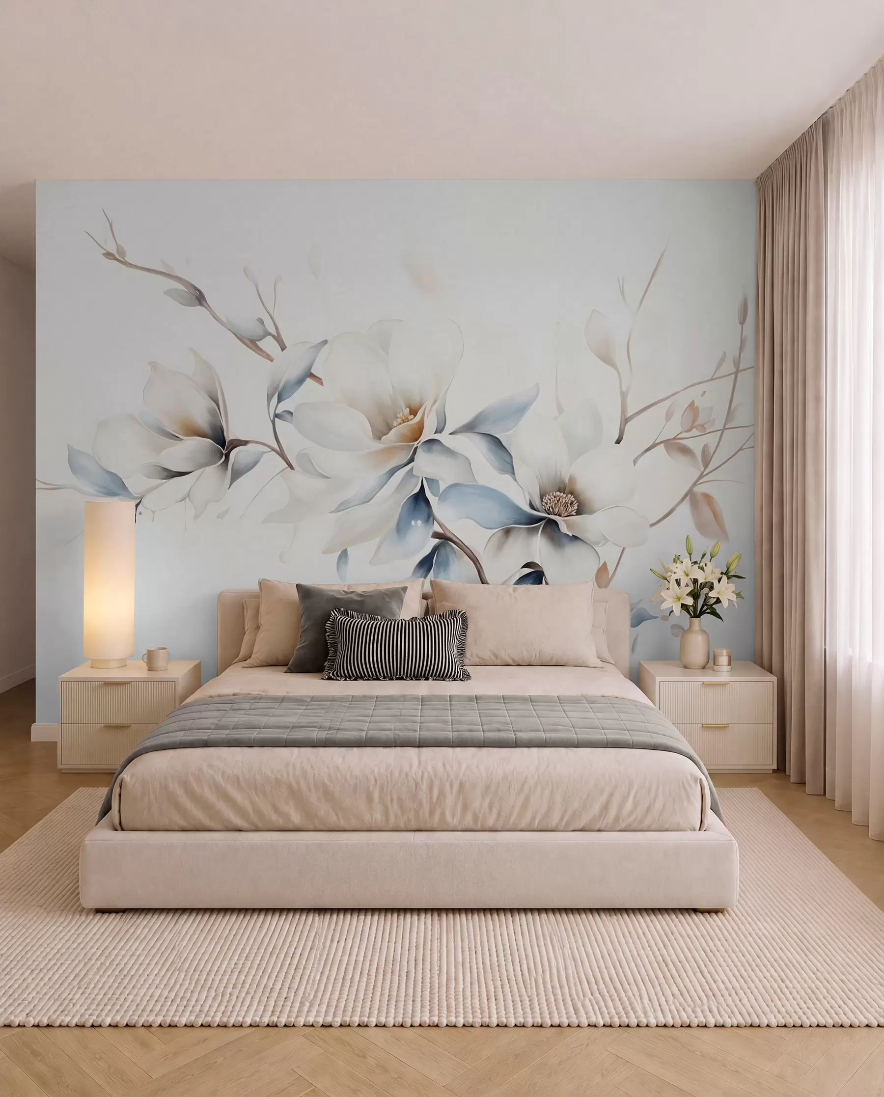 Carta da parati Floreale Delicati fiori di magnolia bianchi con morbidi petali blu su uno sfondo chiaro di imitazione acquerello minimalismo  n. w08644