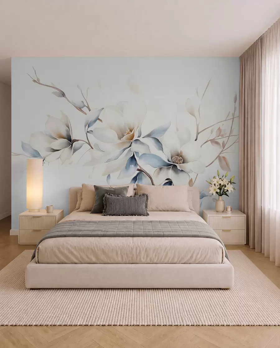 Carta da parati Floreale Delicati fiori di magnolia bianchi con morbidi petali blu su uno sfondo chiaro di imitazione acquerello minimalismo  n. w08644