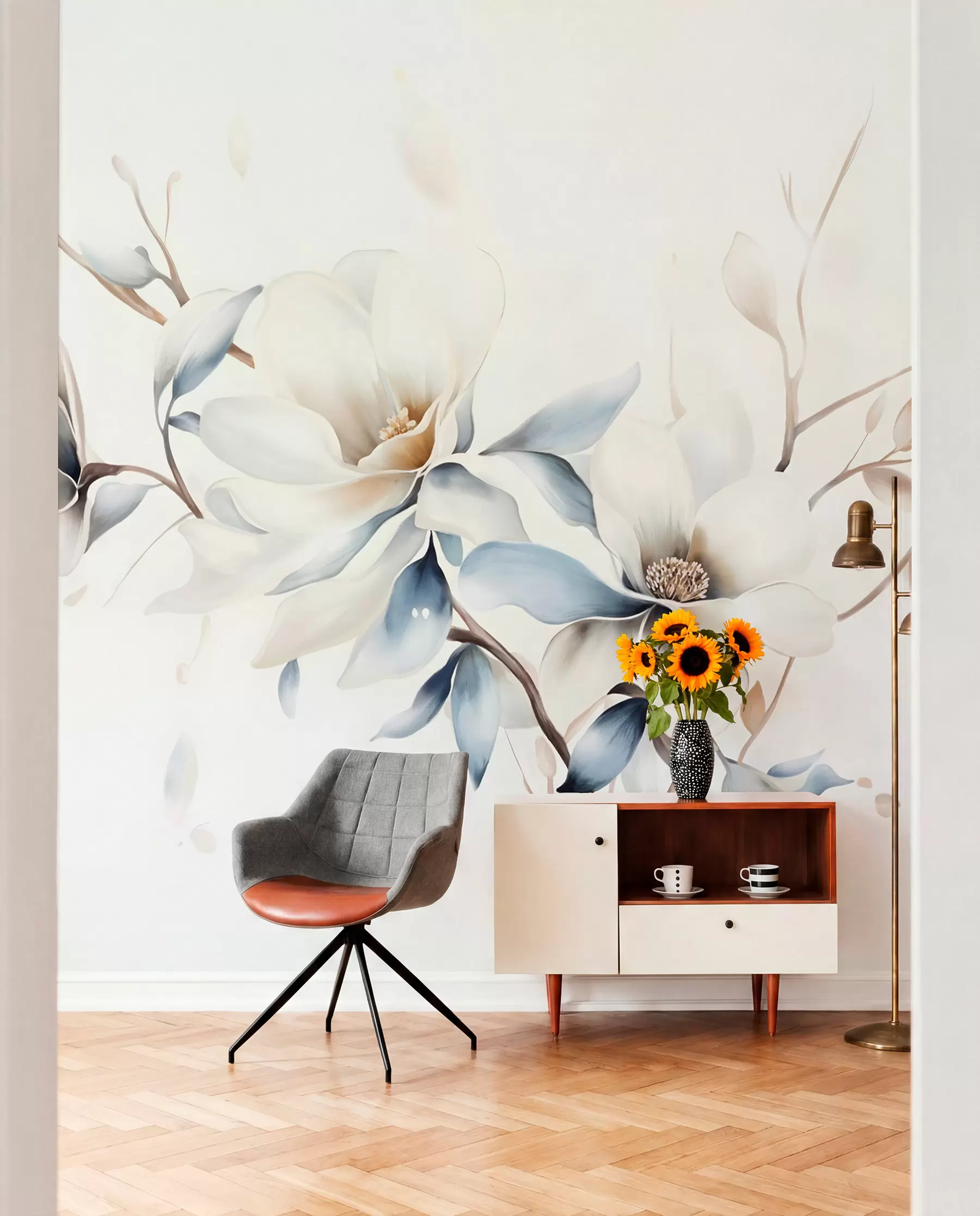 Carta da parati Floreale Magnolia in blu e crema n. w08644