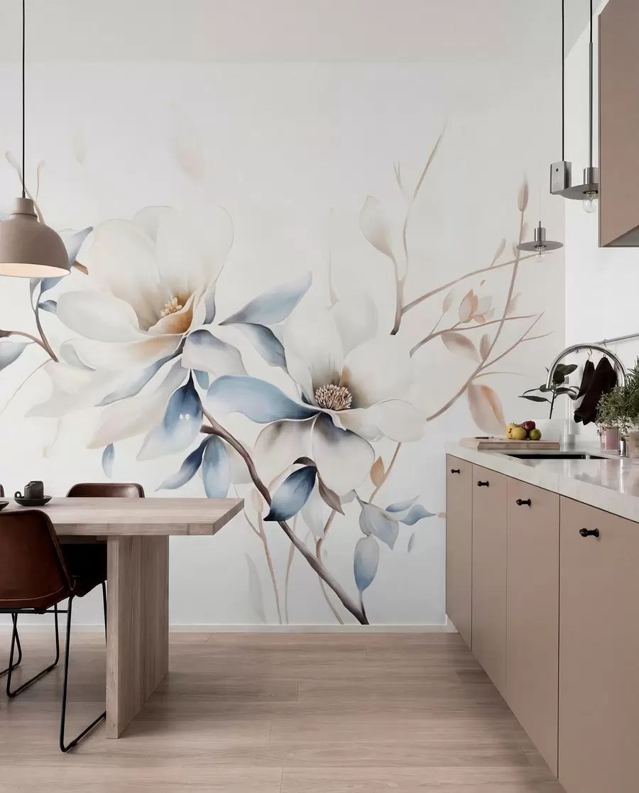 Carta da parati Floreale Delicati fiori di magnolia bianchi con morbidi petali blu su uno sfondo chiaro di imitazione acquerello minimalismo  n. w08644