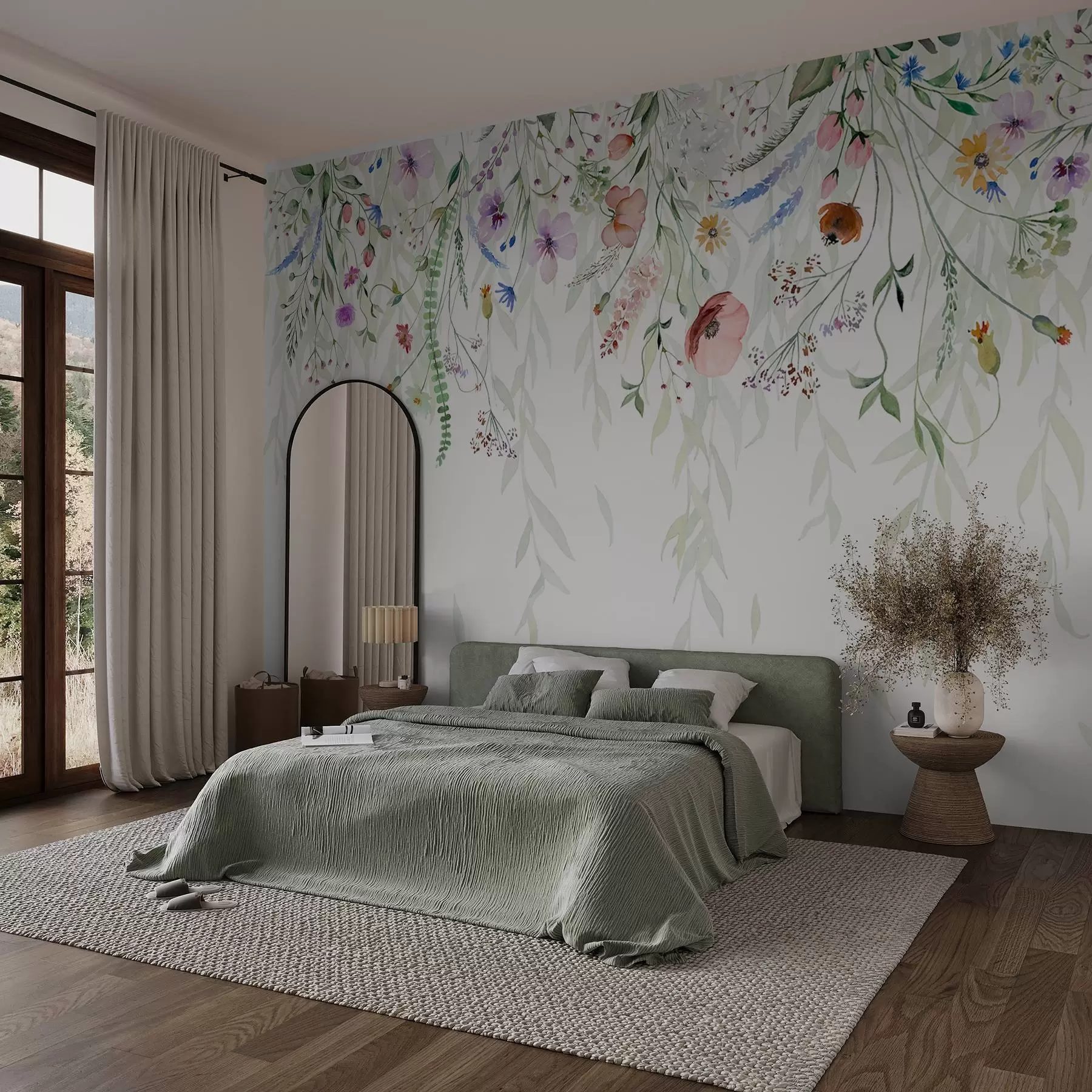 carta da parati Una stampa floreale colorata che scende a cascata con vari fiori, foglie e piante in stile acquerello   nr. w08646