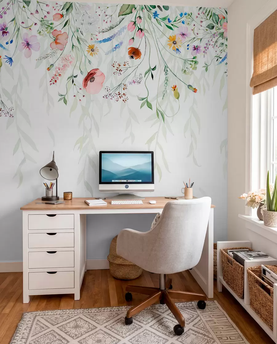 carta da parati Una stampa floreale colorata che scende a cascata con vari fiori, foglie e piante in stile acquerello   nr. w08646