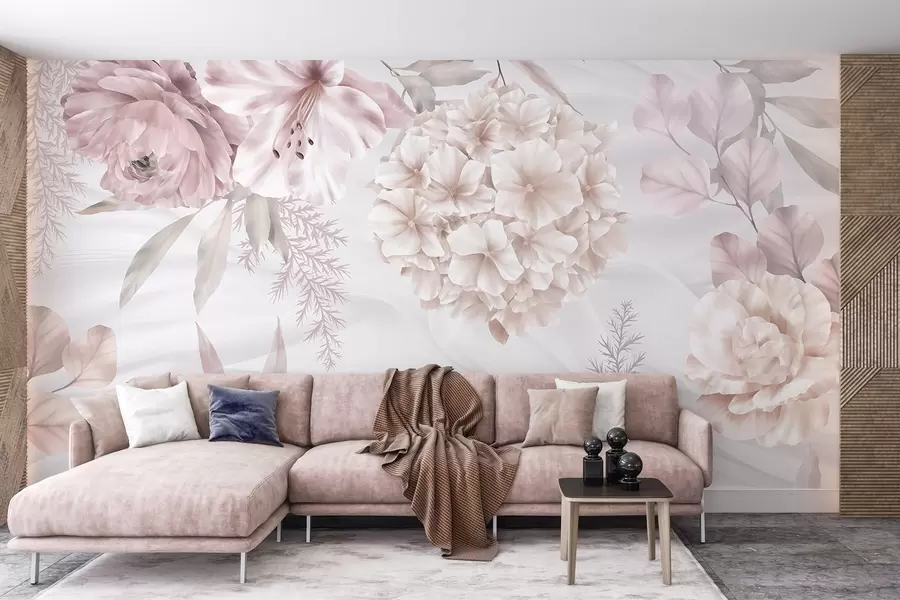 Carta da parati Floreale Una stampa floreale morbida e astratta con grandi fiori bianchi e rosa, foglie delicate e una tavolozza di colori tenui e pastello n. w08651