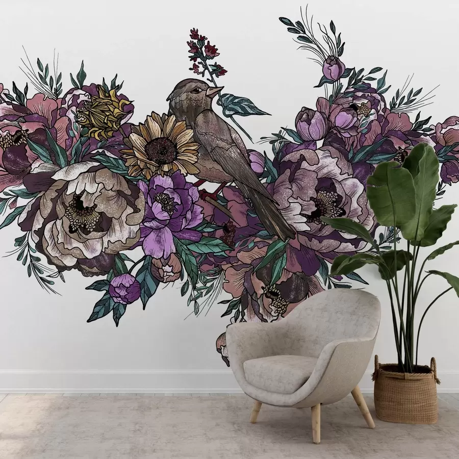 Carta da parati Floreale Illustrazione colorata di fiori e uccelli su bianco n. w02833v2