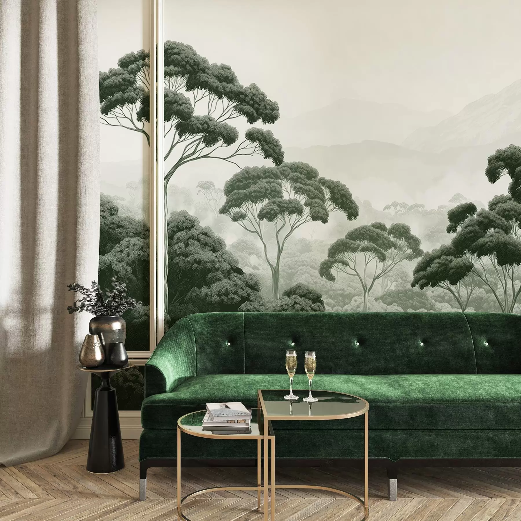 carta da parati Foresta della giungla, montagne, tropicale, natura, grandi alberi, colori verde scuro nr. w02739v1