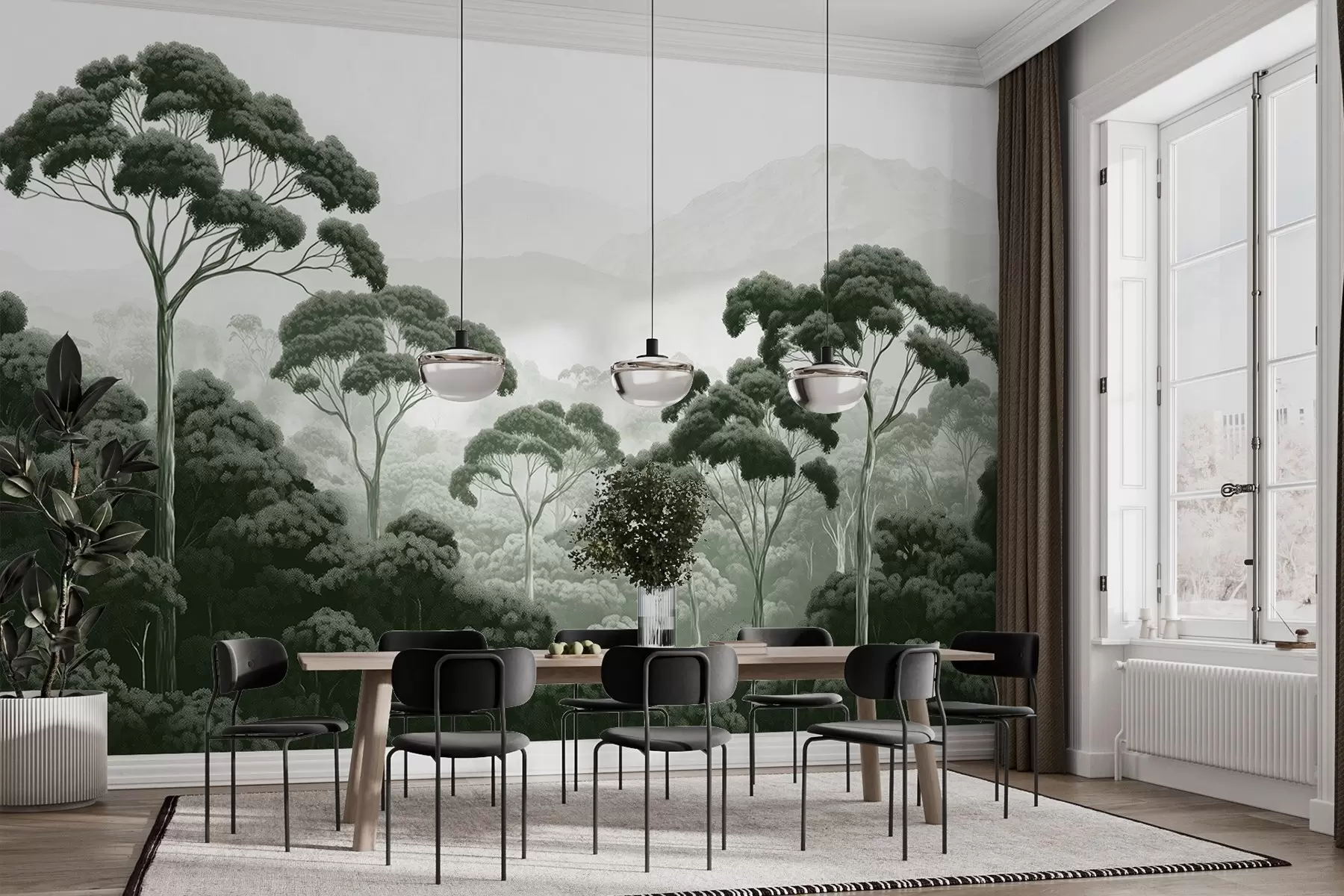 carta da parati Foresta della giungla, montagne, tropicale, natura, grandi alberi, colori verde scuro nr. w02739v1