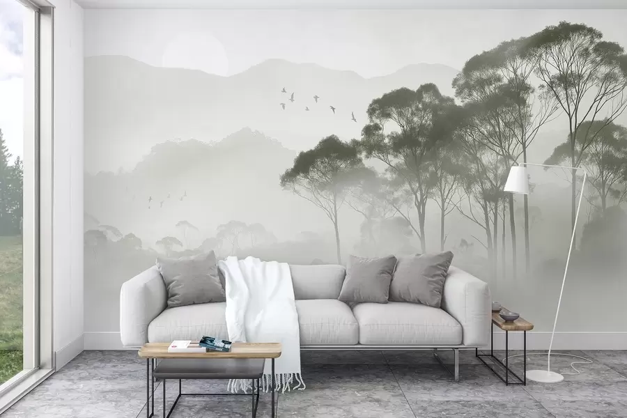Carta da parati nature Alberi nella nebbia, paesaggi naturali, uccelli, sole, colori verdi 