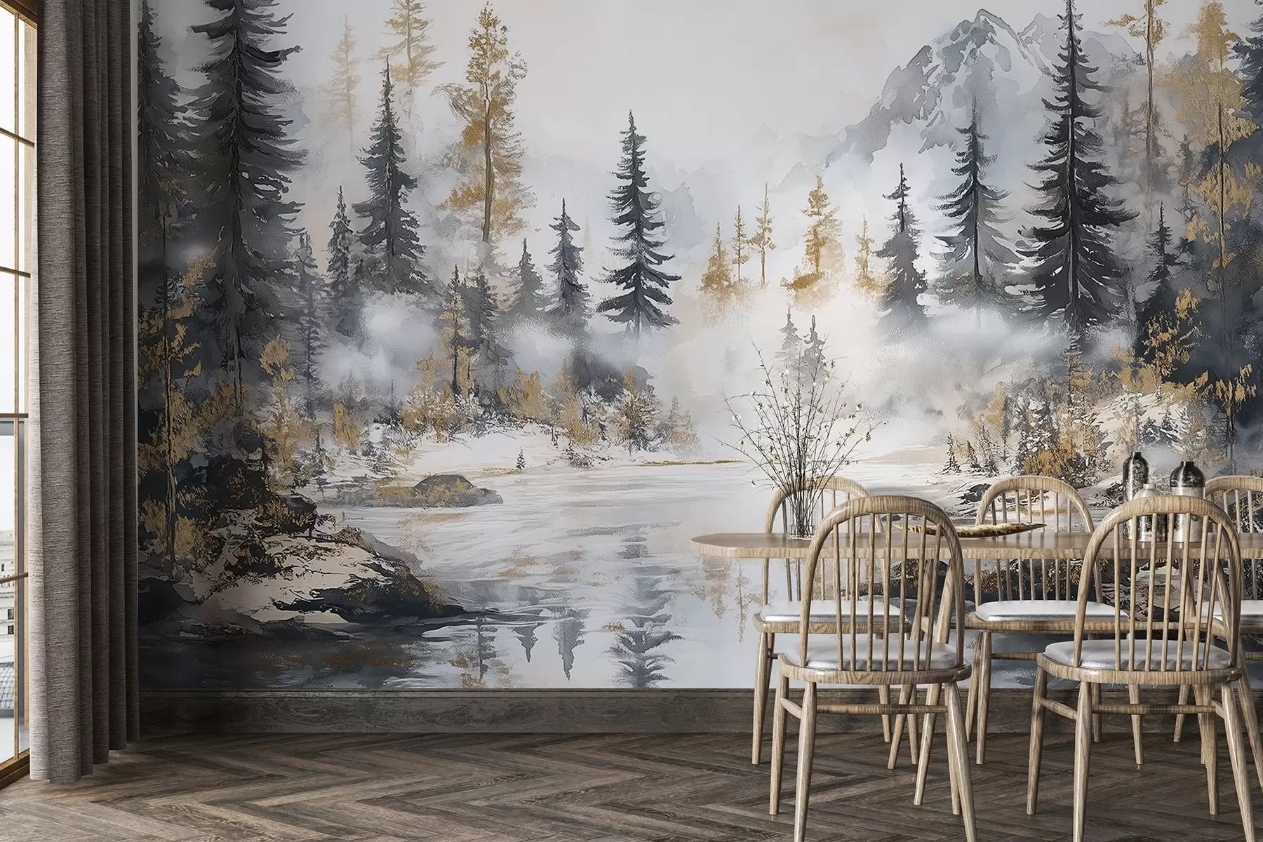 Carta da parati nature Paesaggio invernale con lago e foresta, montagne, stile pastello darwing 