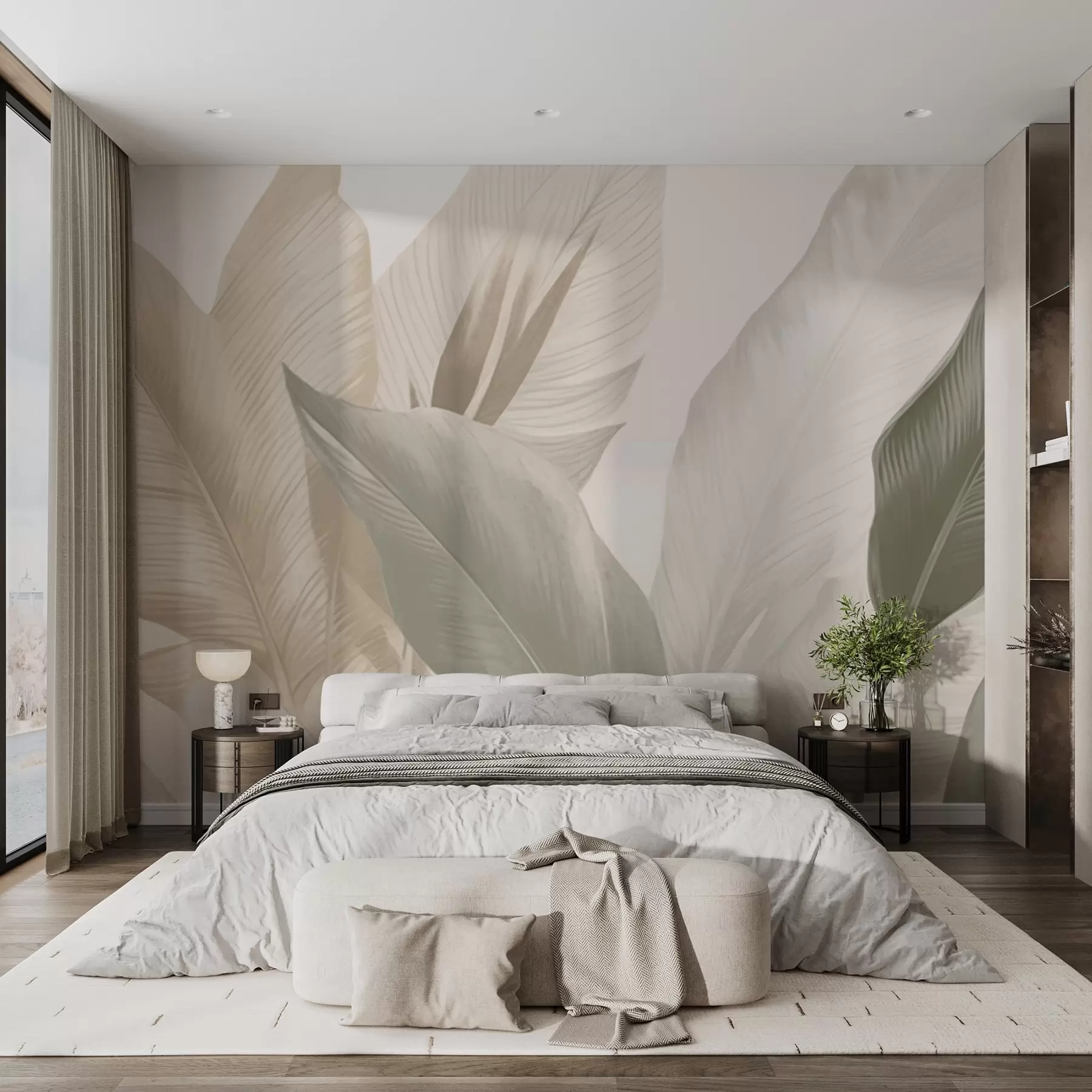 carta da parati Foglie tropicali in morbidi toni beige e verdi, con un effetto acquerello e delicate transizioni di colore. nr. w02854