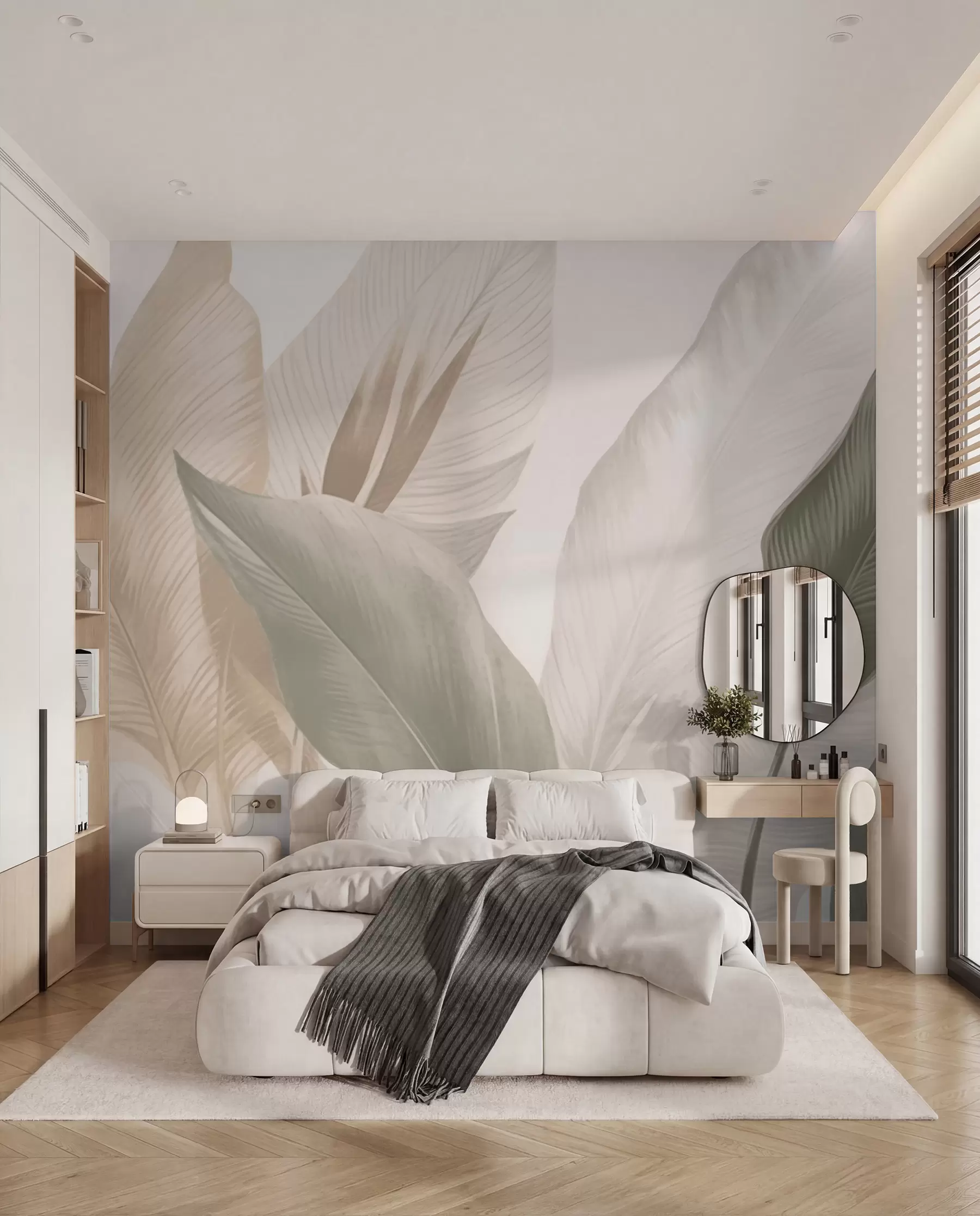 carta da parati Foglie tropicali in morbidi toni beige e verdi, con un effetto acquerello e delicate transizioni di colore nr. w02854