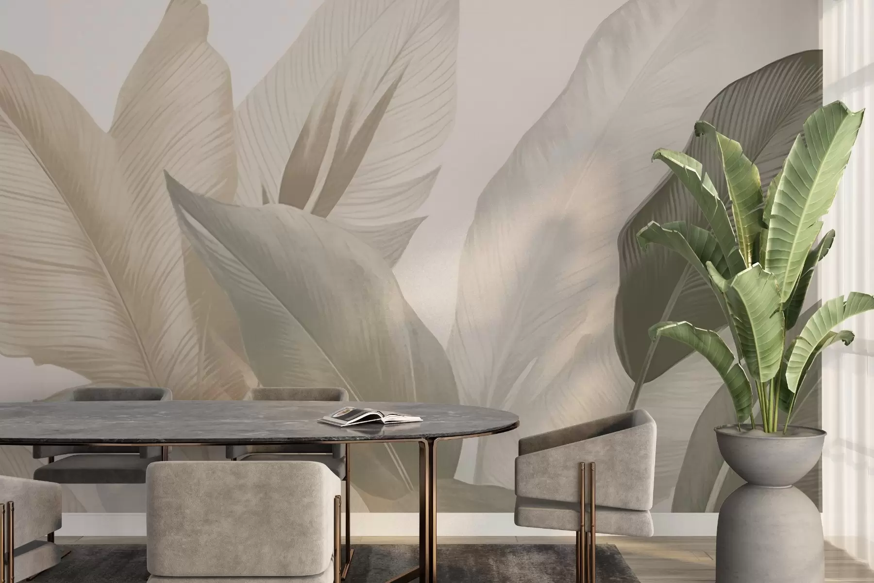 carta da parati Foglie tropicali in morbidi toni beige e verdi, con un effetto acquerello e delicate transizioni di colore. nr. w02854