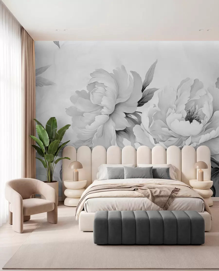 Carta da parati Floreale Lussuose peonie nei toni del grigio, con delicati dettagli di petali e foglie, che creano un'atmosfera elegante e serena n. w02856