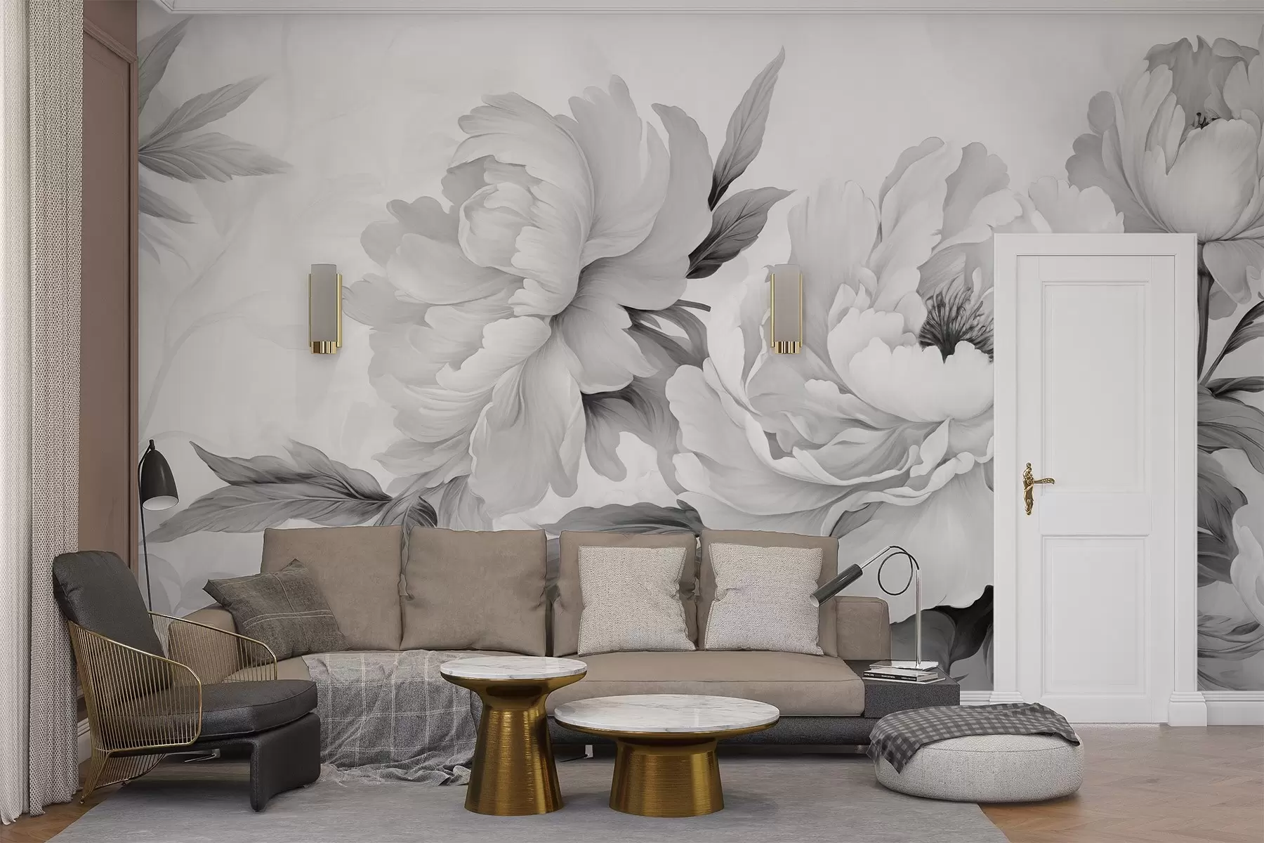 Carta da parati Floreale Lussuose peonie nei toni del grigio, con delicati dettagli di petali e foglie, che creano un'atmosfera elegante e serena. n. w02856