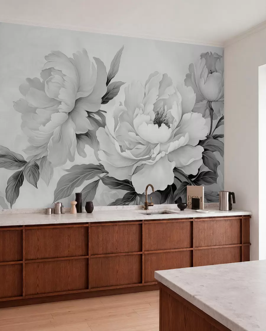 Carta da parati Floreale Lussuose peonie nei toni del grigio, con delicati dettagli di petali e foglie, che creano un'atmosfera elegante e serena n. w02856