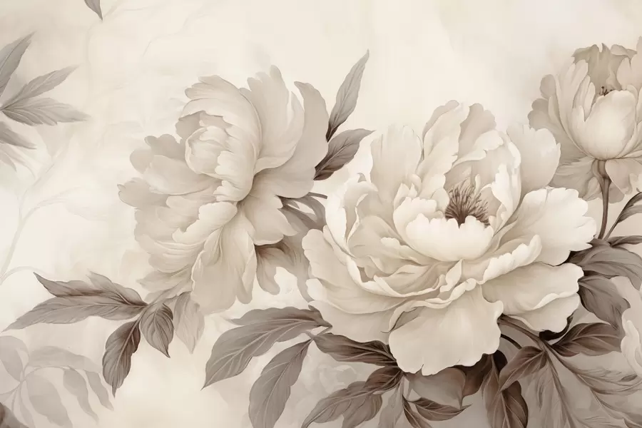 Carta da parati con rose Delicate peonie nei toni del beige crema, con raffinati dettagli di petali e foglie, che creano un ambiente caldo e sofisticato n. w02856v1