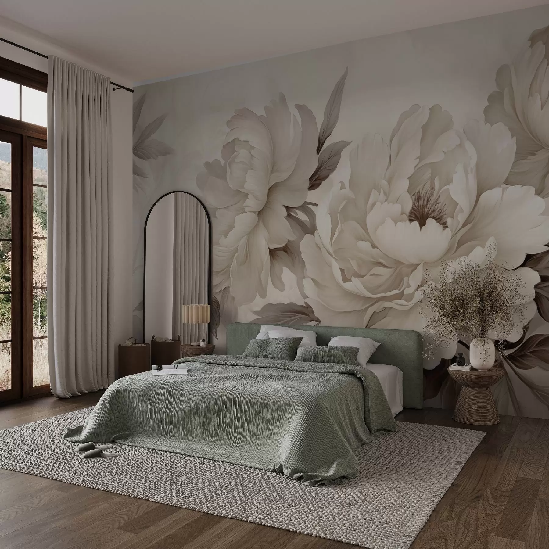 Carta da parati con rose Delicate peonie nei toni del beige crema, con raffinati dettagli di petali e foglie, che creano un ambiente caldo e sofisticato n. w02856v1