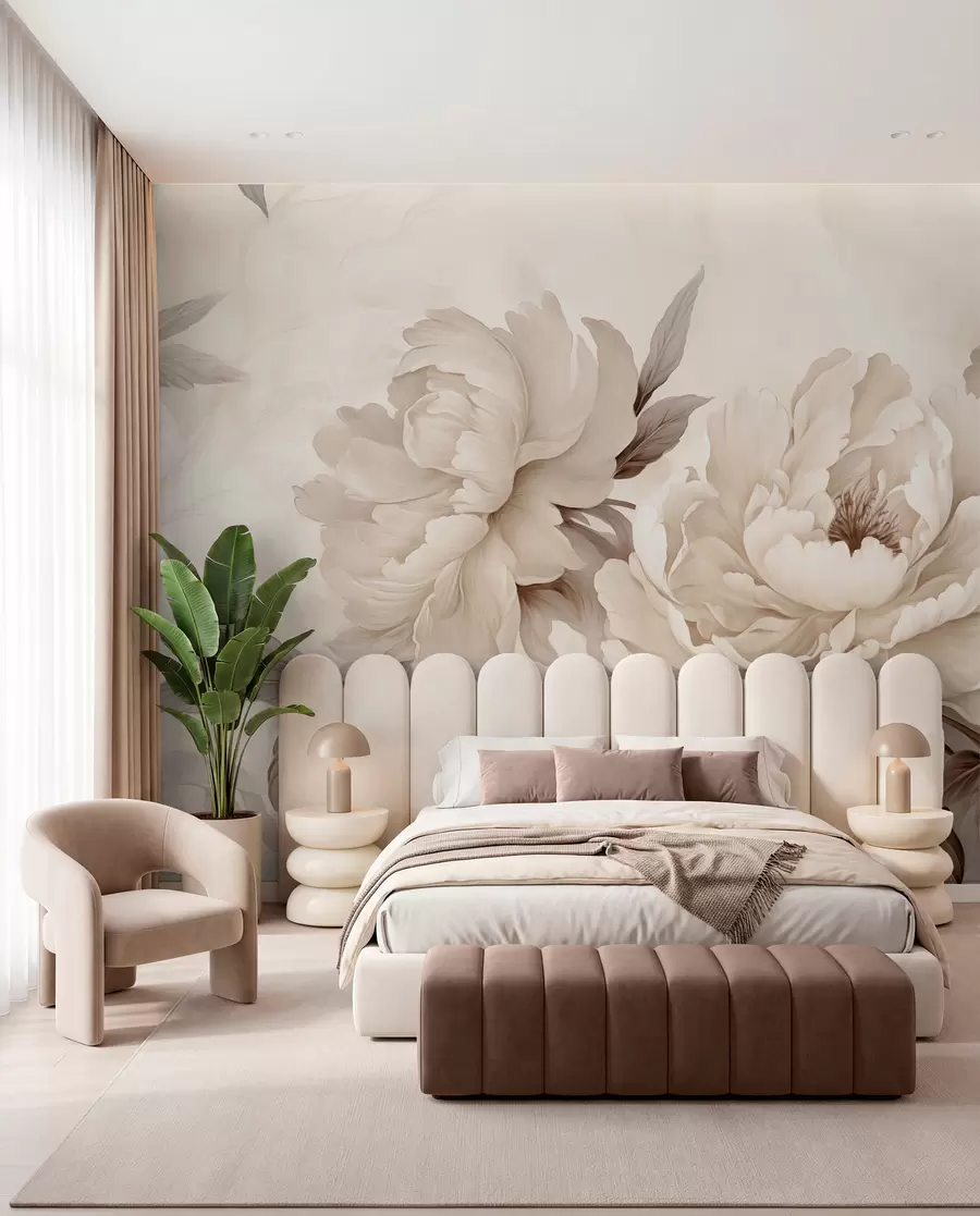 Carta da parati con rose Delicate peonie nei toni del beige crema, con raffinati dettagli di petali e foglie, che creano un ambiente caldo e sofisticato n. w02856v1