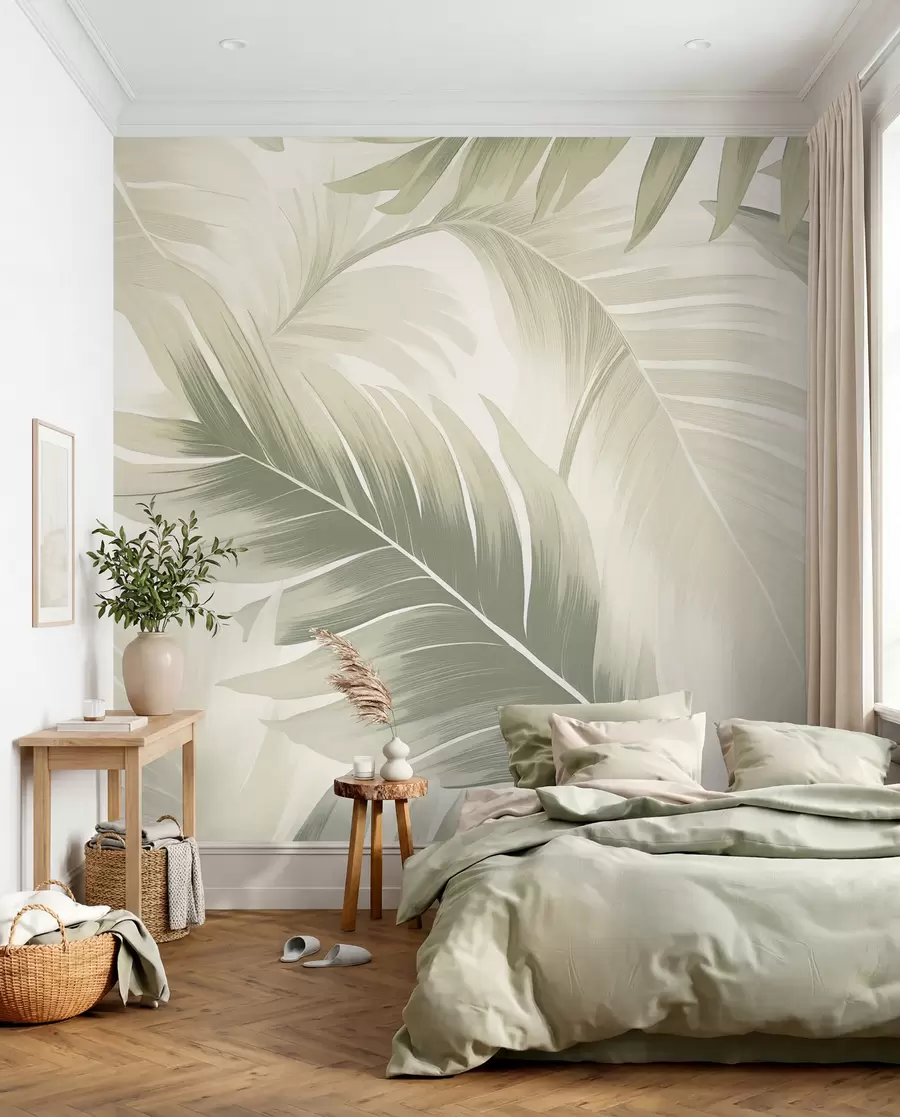 carta da parati Motivo di grandi foglie tropicali in morbide tonalità verdi e beige, con sfumature morbide e delicati dettagli di texture nr. w02858