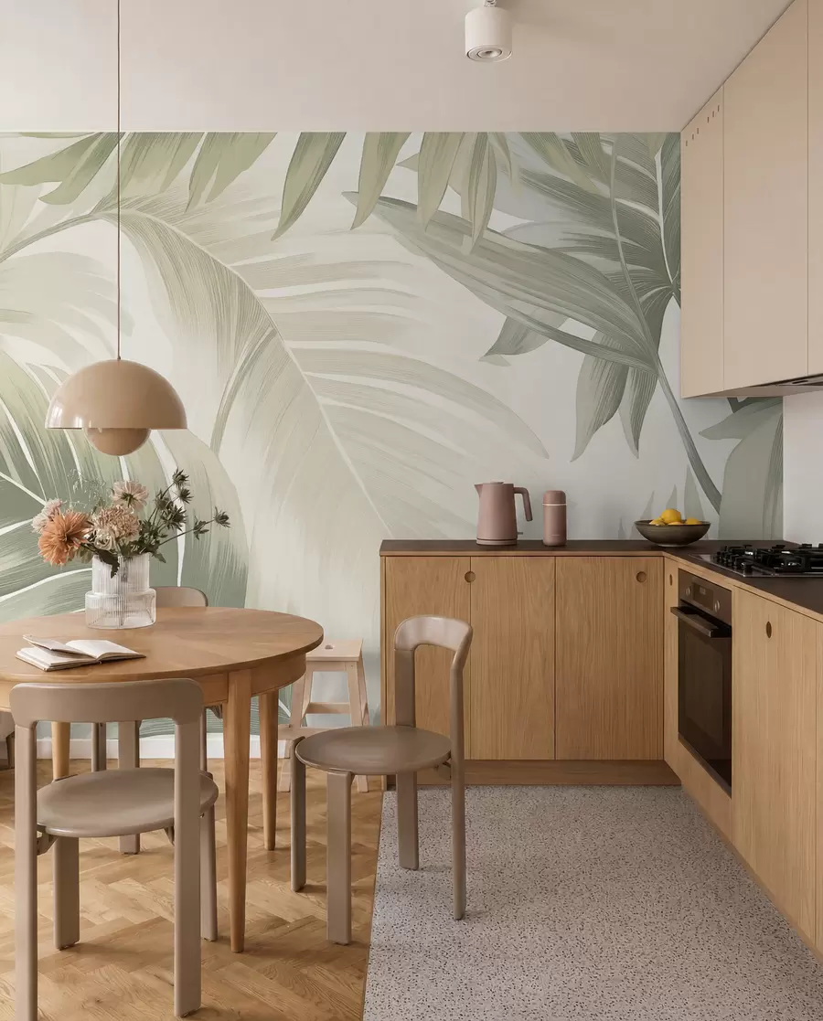 carta da parati Motivo di grandi foglie tropicali in morbide tonalità verdi e beige, con sfumature morbide e delicati dettagli di texture nr. w02858