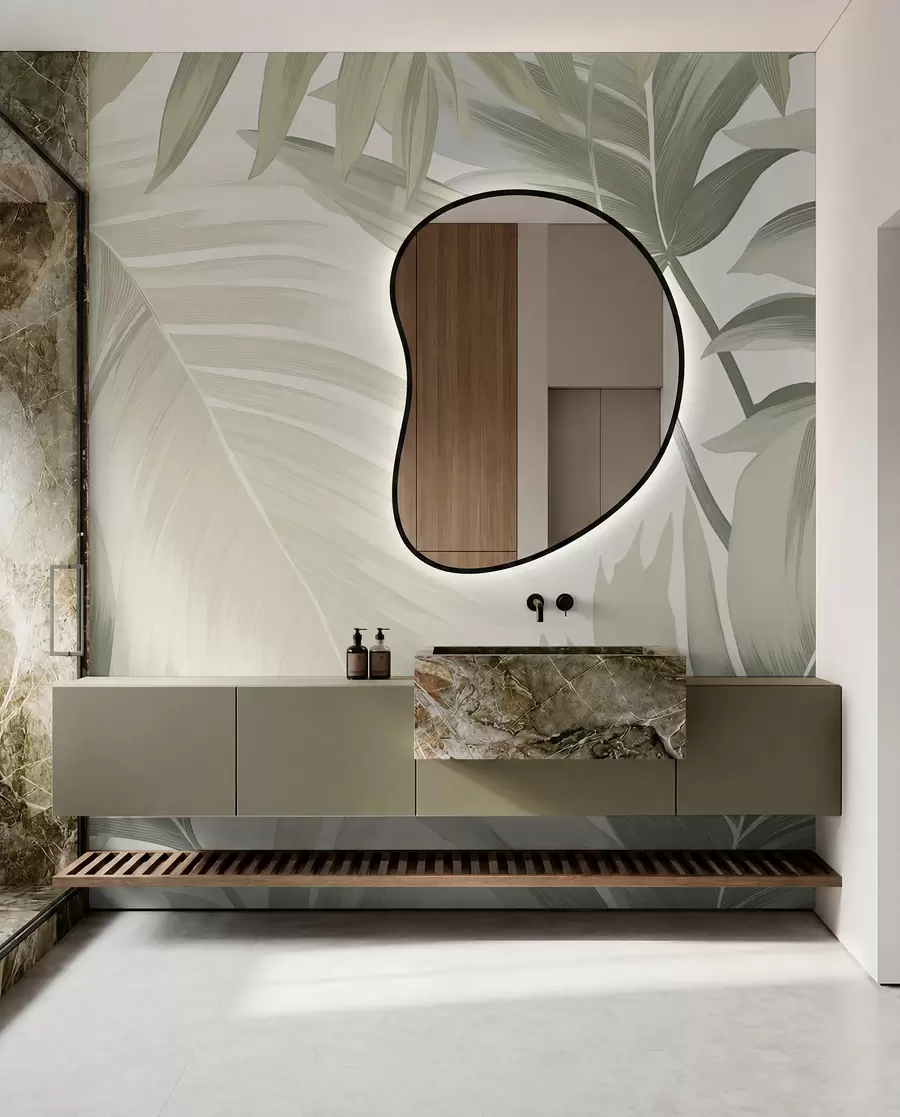 carta da parati Motivo di grandi foglie tropicali in morbide tonalità verdi e beige, con sfumature morbide e delicati dettagli di texture nr. w02858