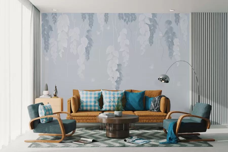 Carta da parati Finestre Foglie pendenti e farfalle in blu