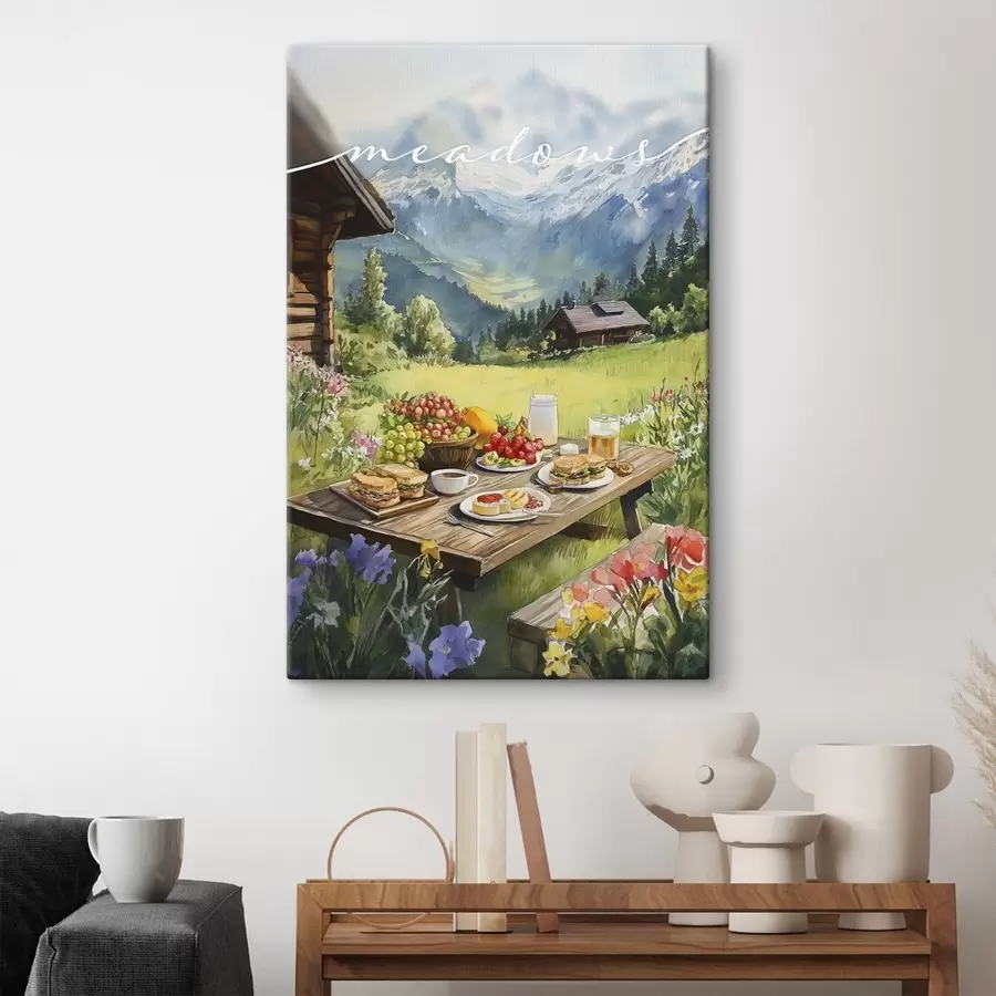 carta da parati Paesaggi di montagna, prato estivo, case di legno, colazione nr. s42425