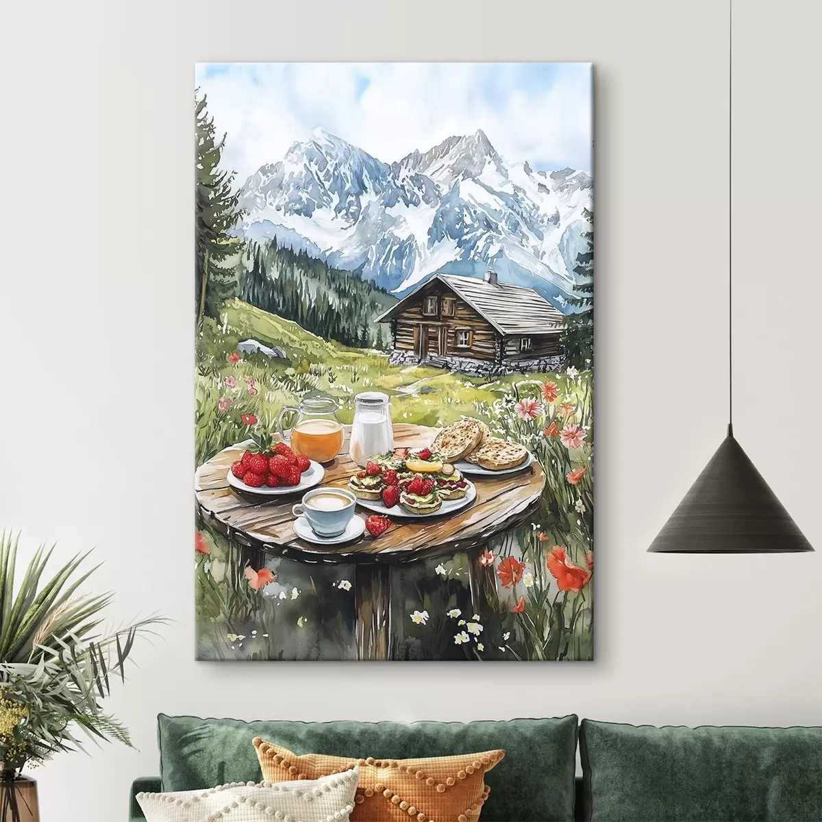carta da parati Bellissimi paesaggi estivi con montagne, boschi e fiori, colazione, stile acquerello nr. s42427