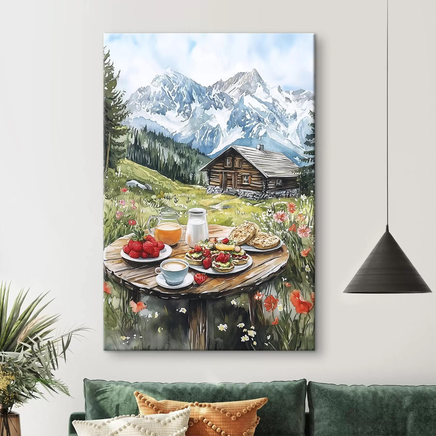 carta da parati Bellissimi paesaggi estivi con montagne, boschi e fiori, colazione, stile acquerello nr. s42427