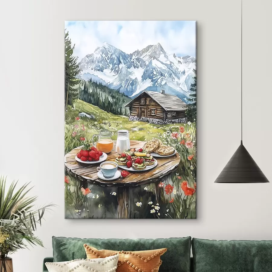 carta da parati Bellissimi paesaggi estivi con montagne, boschi e fiori, colazione, stile acquerello nr. s42427