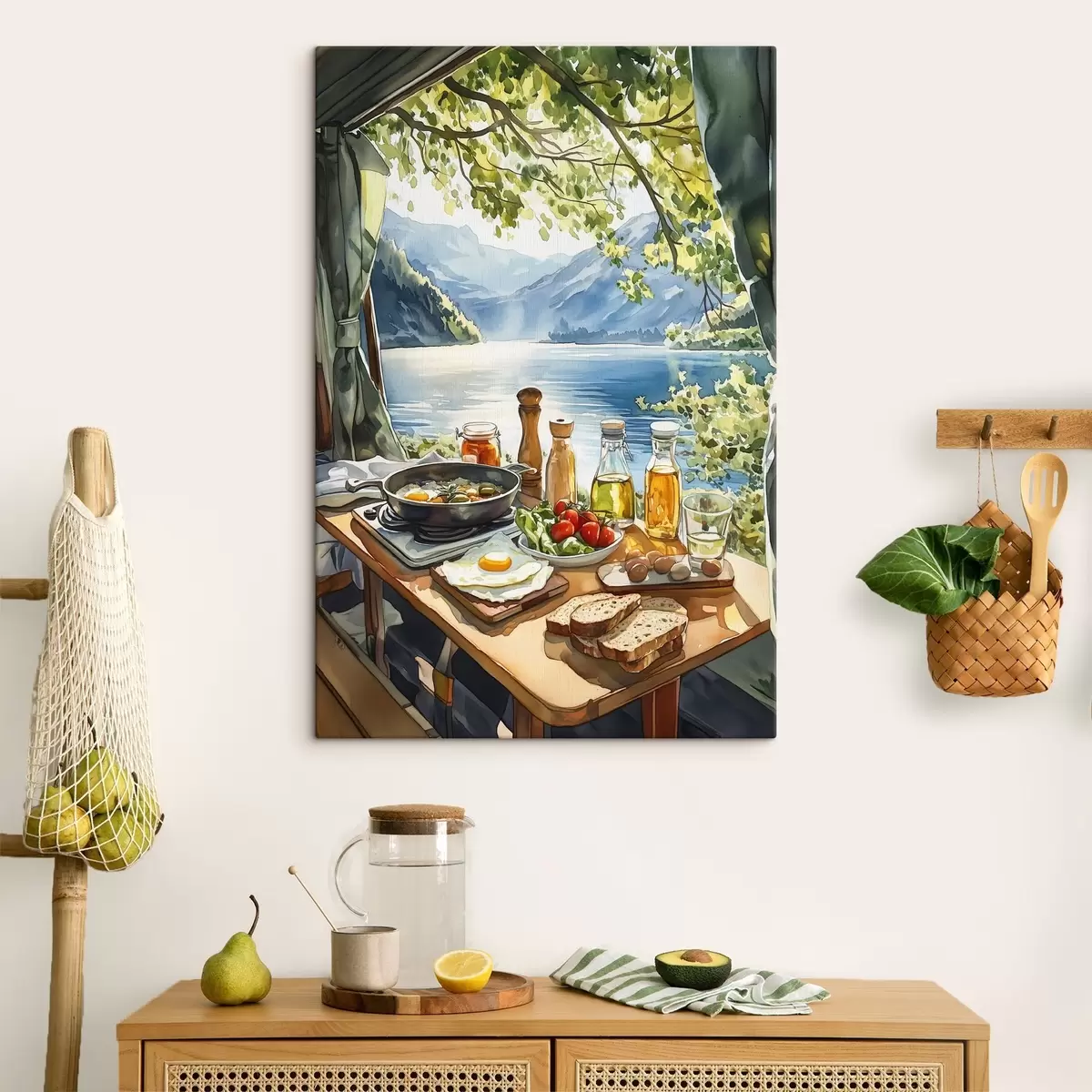 carta da parati Bella mattina d'estate, lago, stile acquerello, colazione, viaggio nr. s42433