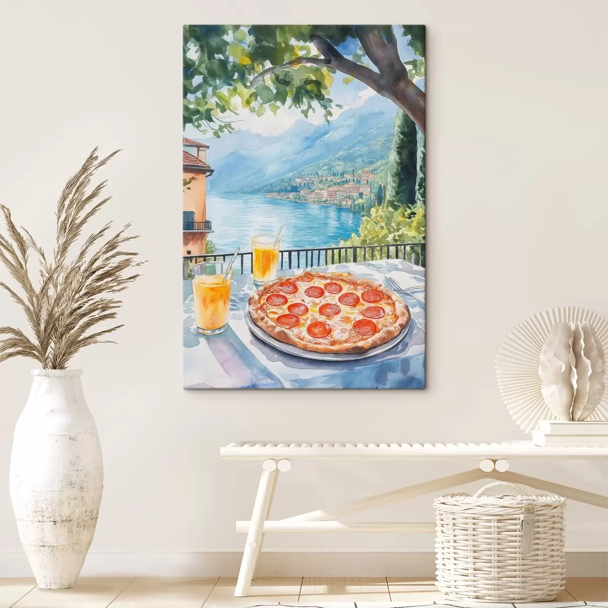 carta da parati Brunch in Italia, stile acquerello, pizza margarita, lago, natura estiva nr. s42436
