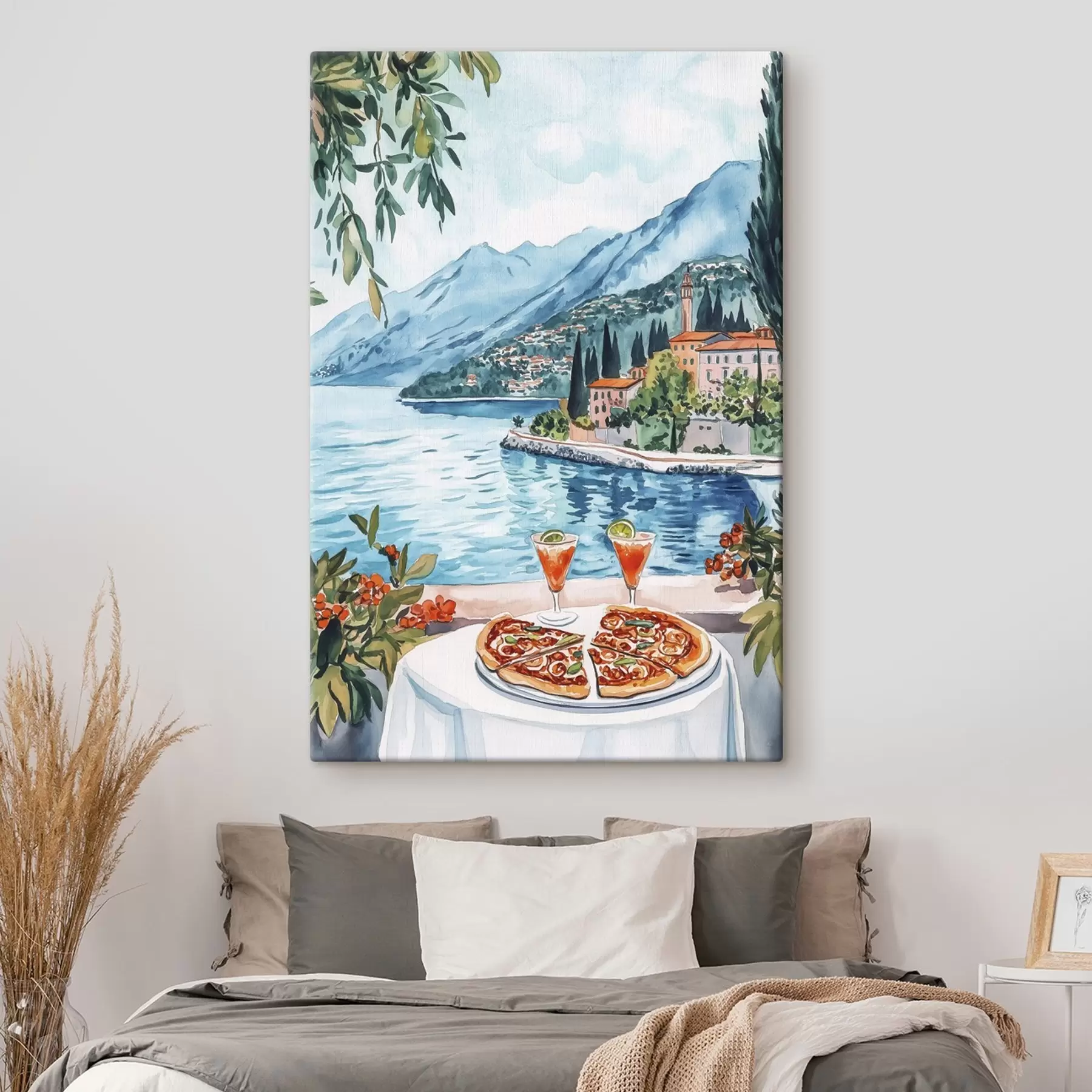 carta da parati Lago di Como, Italia, stile acquerello, pizza, cocktail, città vecchia, montagne  nr. s42437