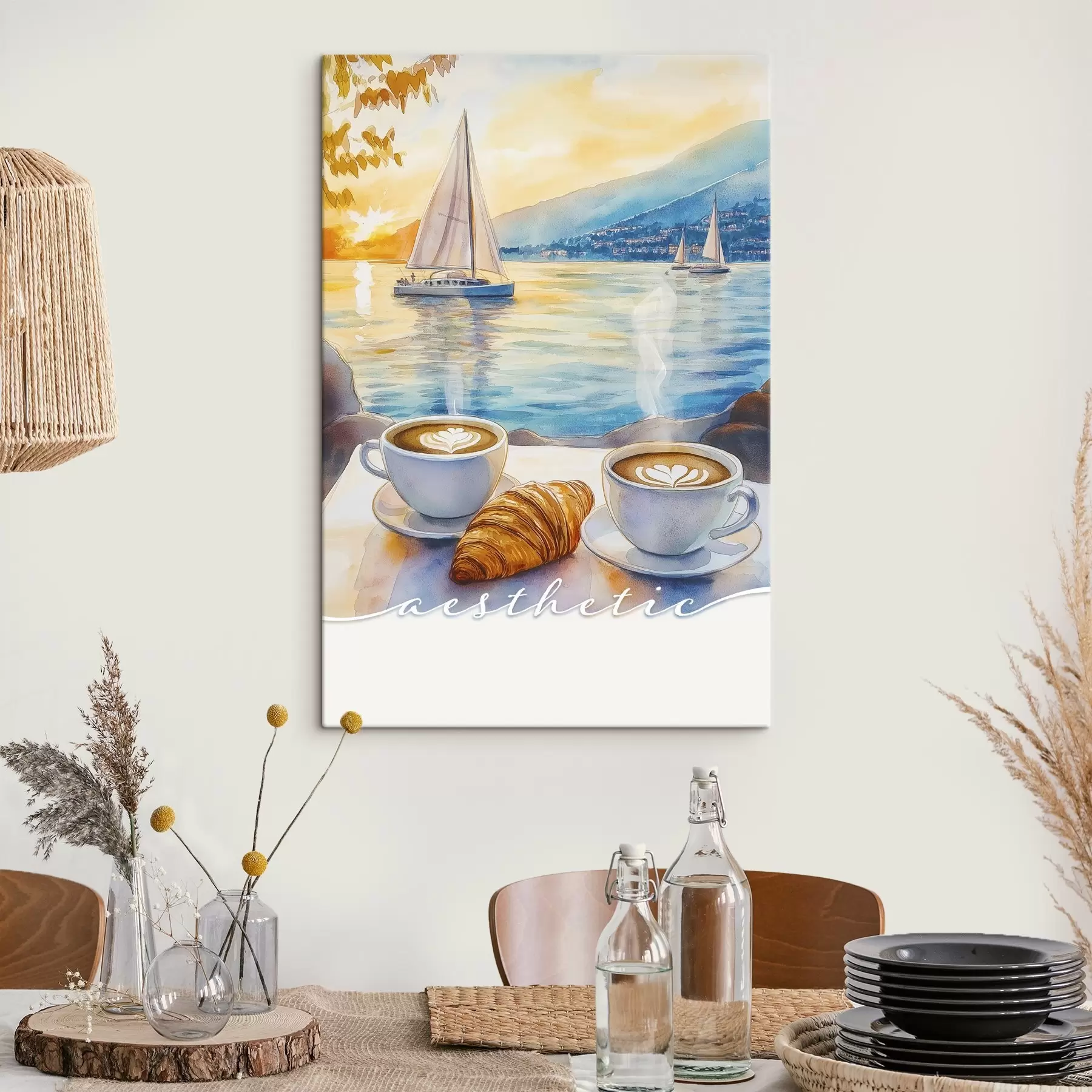 carta da parati Due tazze di cappuccino, stile acquerello, tramonto in mare, barche a vela, vocazione nr. s42438