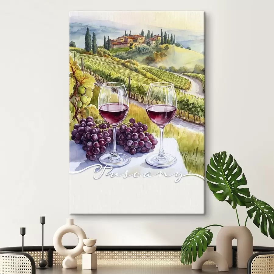 carta da parati Paesaggi della Toscana, stile acquerello, bicchieri di vino, uva, tramonto nr. s42439