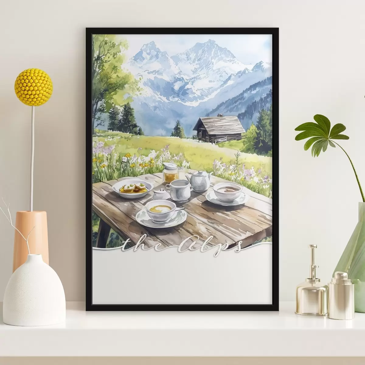 Poster Alpi, bel paesaggio montano, natura estiva, casa di legno f42424