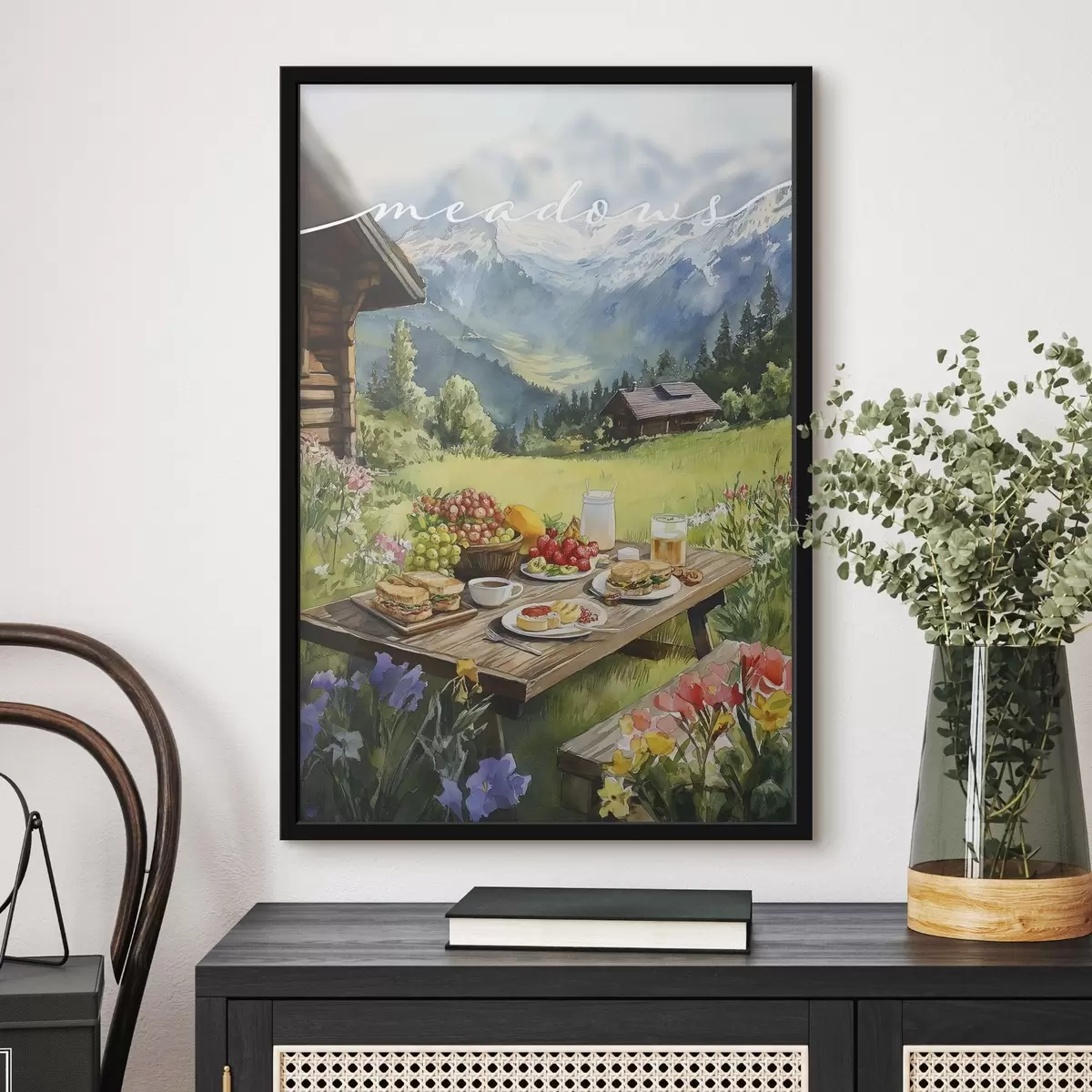 Poster Paesaggi di montagna, prato estivo, case di legno, colazione f42425