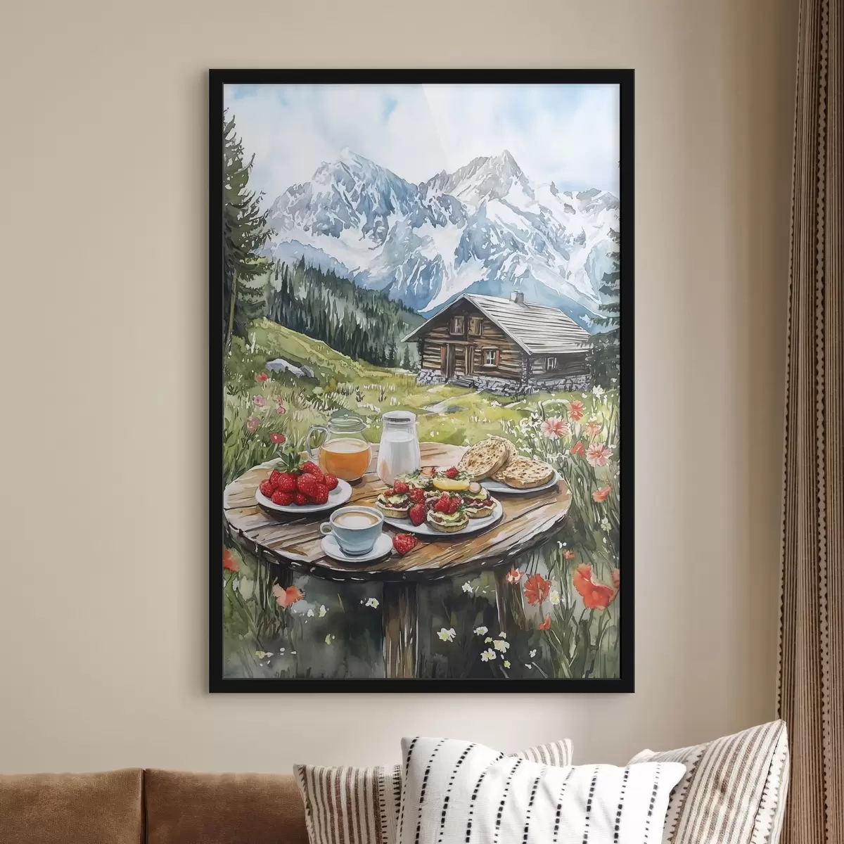 Poster Bellissimi paesaggi estivi con montagne, boschi e fiori, colazione, stile acquerello f42427