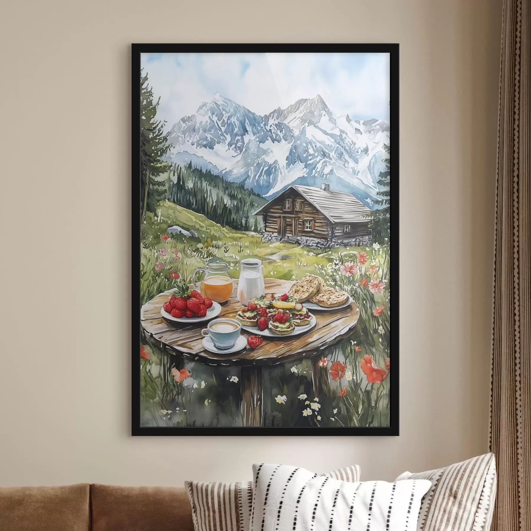 carta da parati Bellissimi paesaggi estivi con montagne, boschi e fiori, colazione, stile acquerello nr. f42427