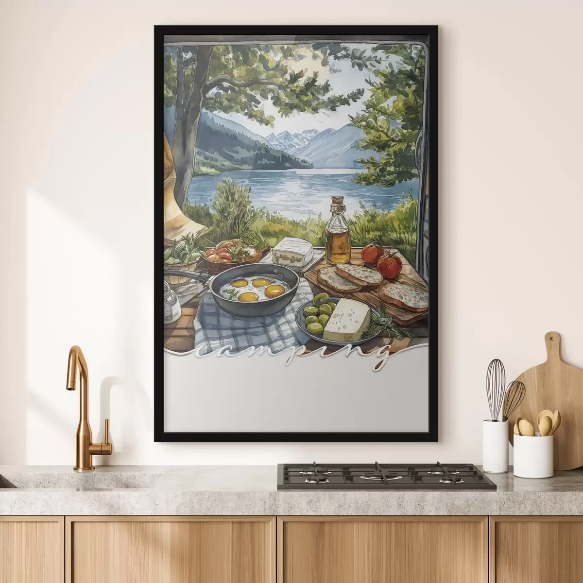 Poster Estetica del campeggio, stile acquerello, lago estivo, natura, cibo f42428