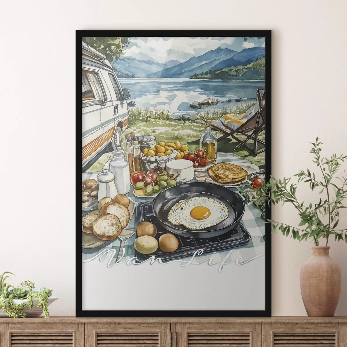 Poster Bella colazione in stile acquerello, vita da furgone, campeggio, montagne f42429