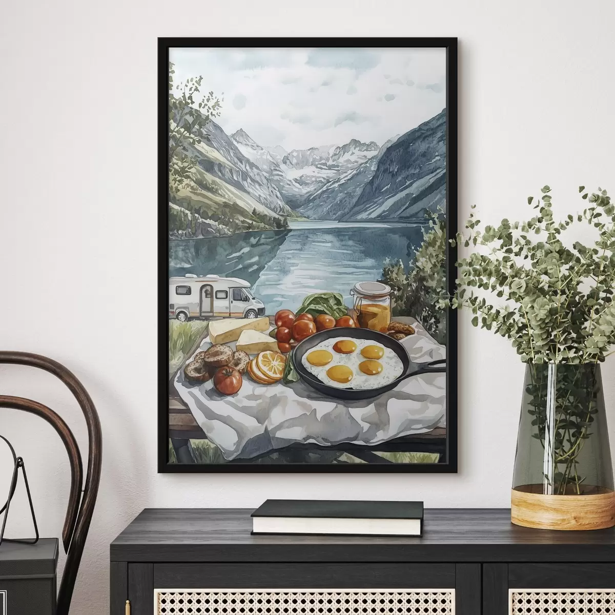 Poster Viaggi, paesaggi naturali, stile acquerello, Norvegia, colazione, furgone f42431